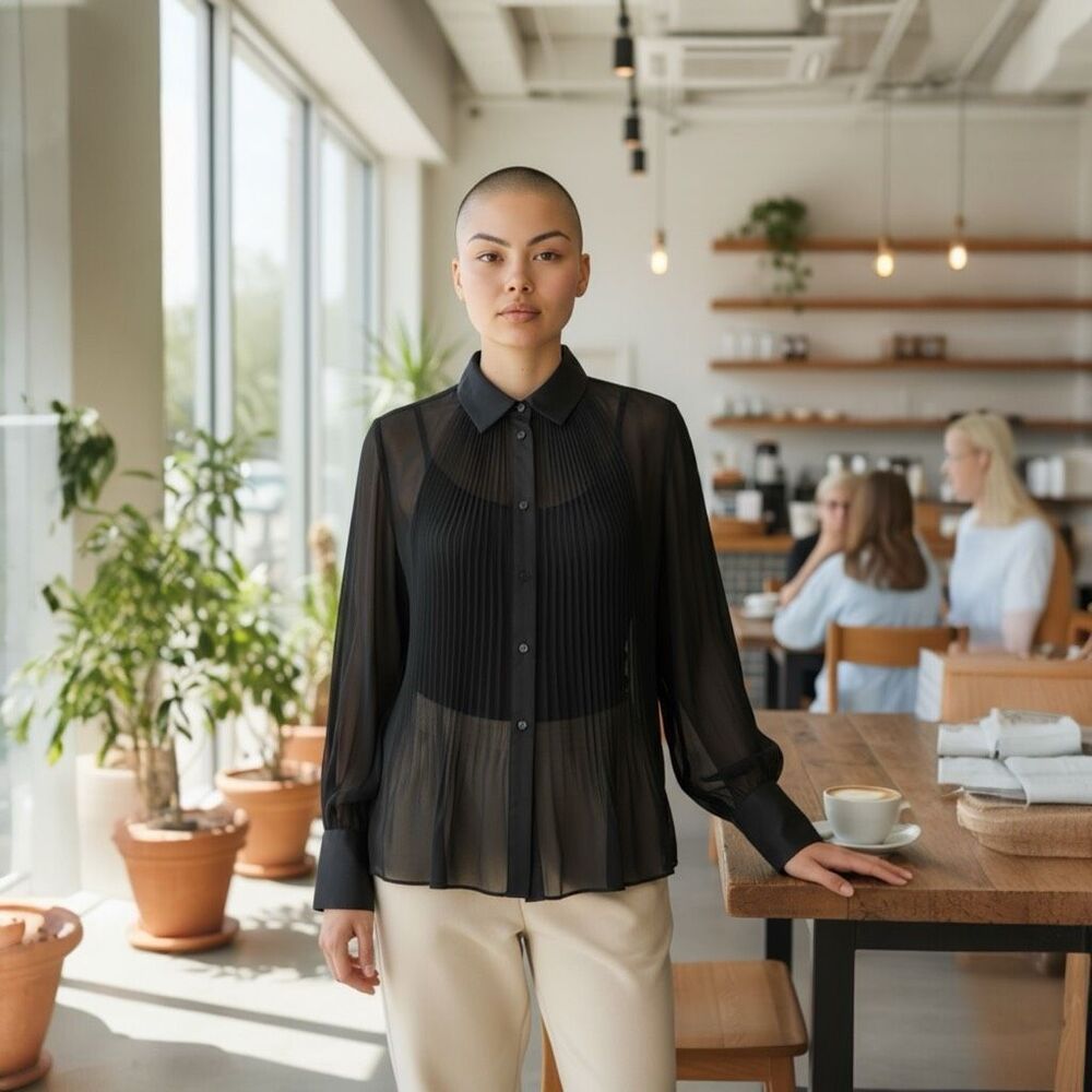 Ryegrass Black Sheer Pleated Pointed Collared Balloon Sleeve‎ Blouse